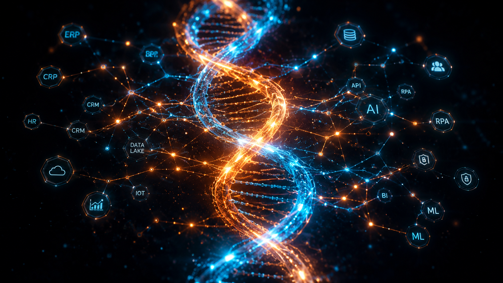 A glowing double-helix of intertwined ember-orange and electric-cyan light branching into a luminous network of interconnected model nodes
