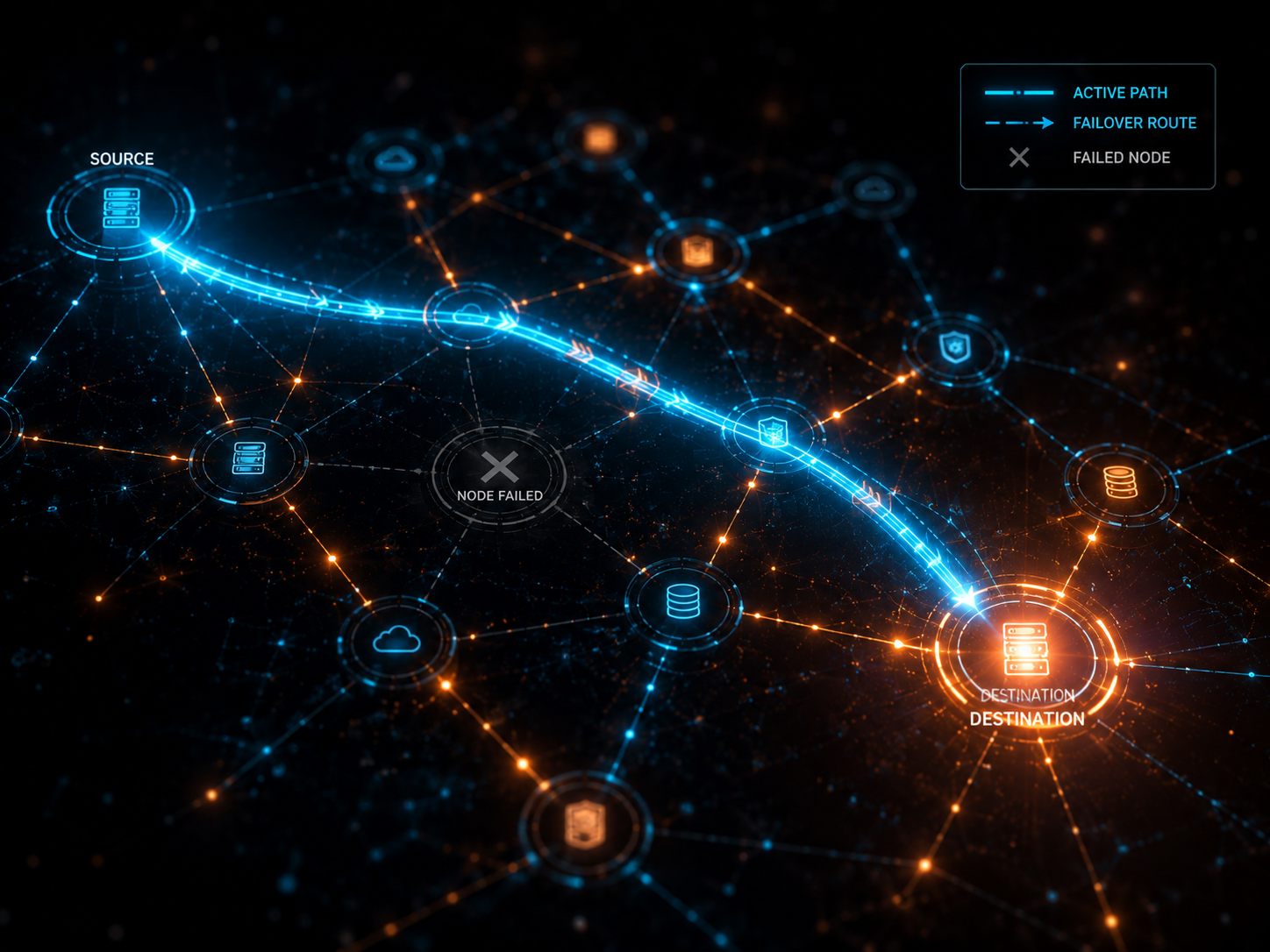 A resilient network mesh of glowing nodes connected by orange and electric-cyan light paths, with one path rerouting around a dimmed failed node to a bright active one — seamless failover