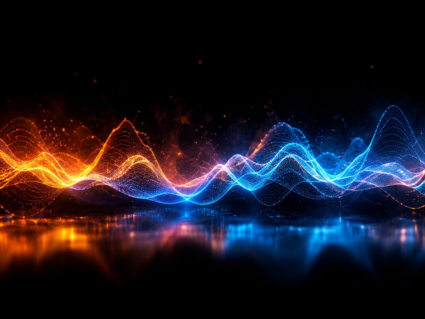 A real-time AI voice waveform: glowing ember-orange and electric-blue sound waves flowing horizontally across a deep black background