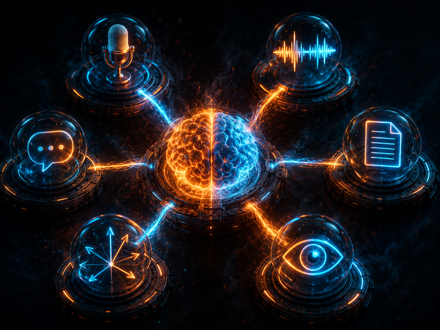 An abstract render representing Helix HellCat's multi-modal coverage: a glowing orchestration core surrounded by paths to voice, transcription, OCR, vision, embeddings and chat. (Placeholder artwork until the new multi-modal render is generated.)